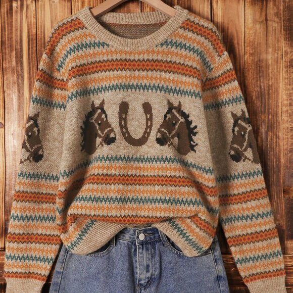 Multicolor Casual Women's Western Horse Graphic Sweater top - Picture 1 of 6